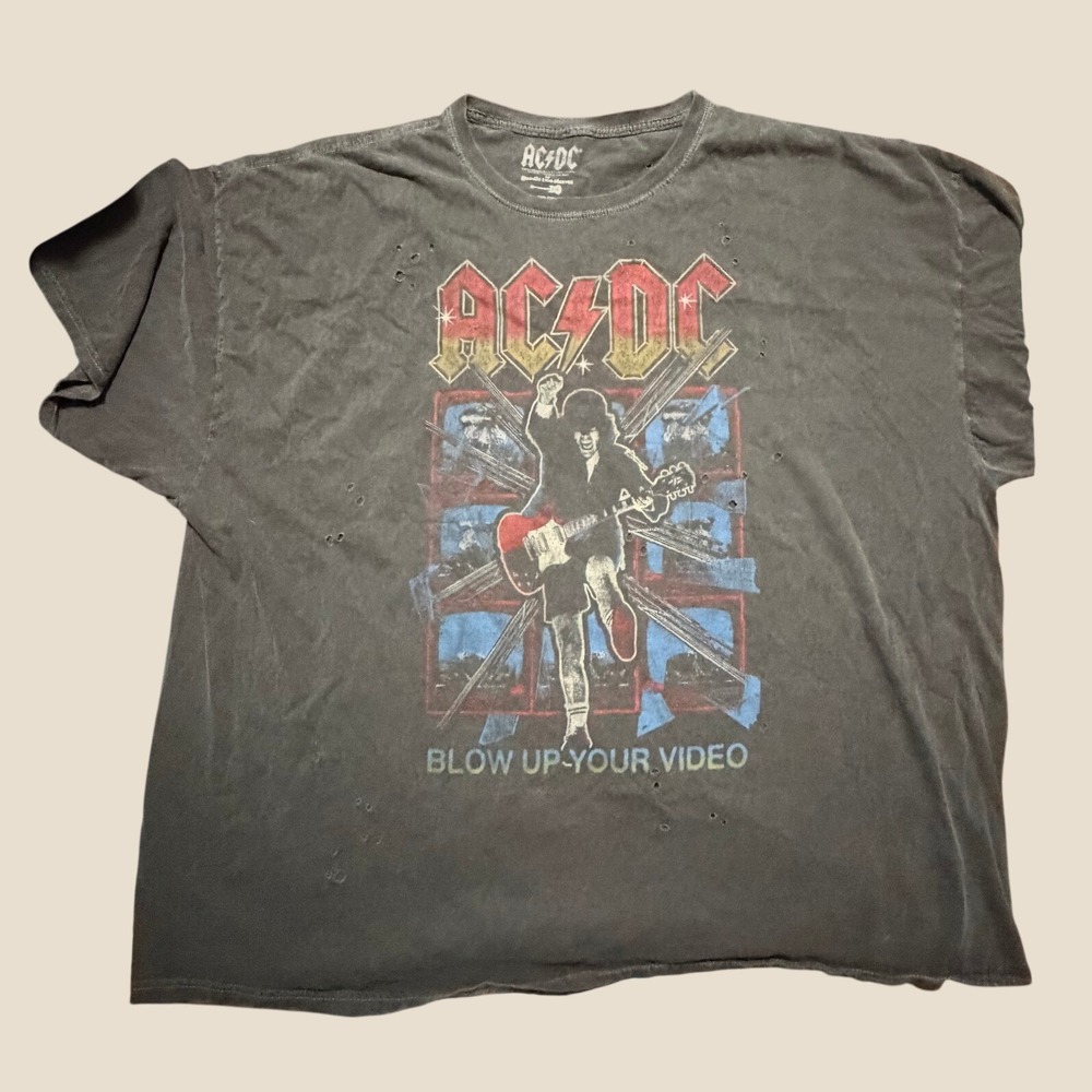 ACDC Blow Up Your Video Distressed Graphic T-Shirt Washed Black L/XL Rock Tee